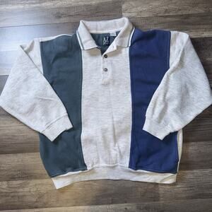 Vintage Men's Sweater Size Large Blue Gray Color Blocked Long Sleeve 1/4 Button